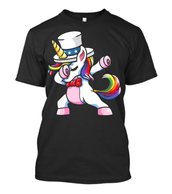Girls Dabbing Unicorn With Patriotic American Hat T-Shirt