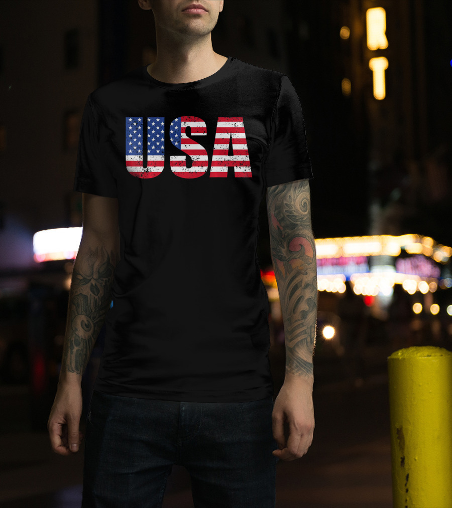 USA Flag American Patriotic Stars And Stripes Bold Lettering T-Shirt