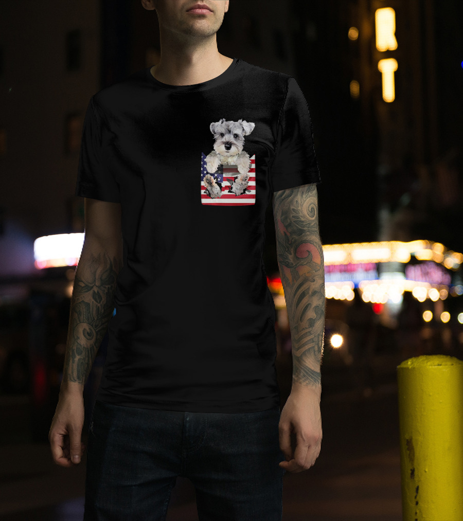 Schnauzer Dog In Pocket With American Flag T-Shirt
