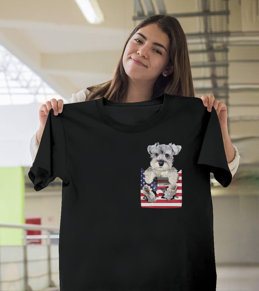 Schnauzer Dog in Pocket with American Flag T-Shirt