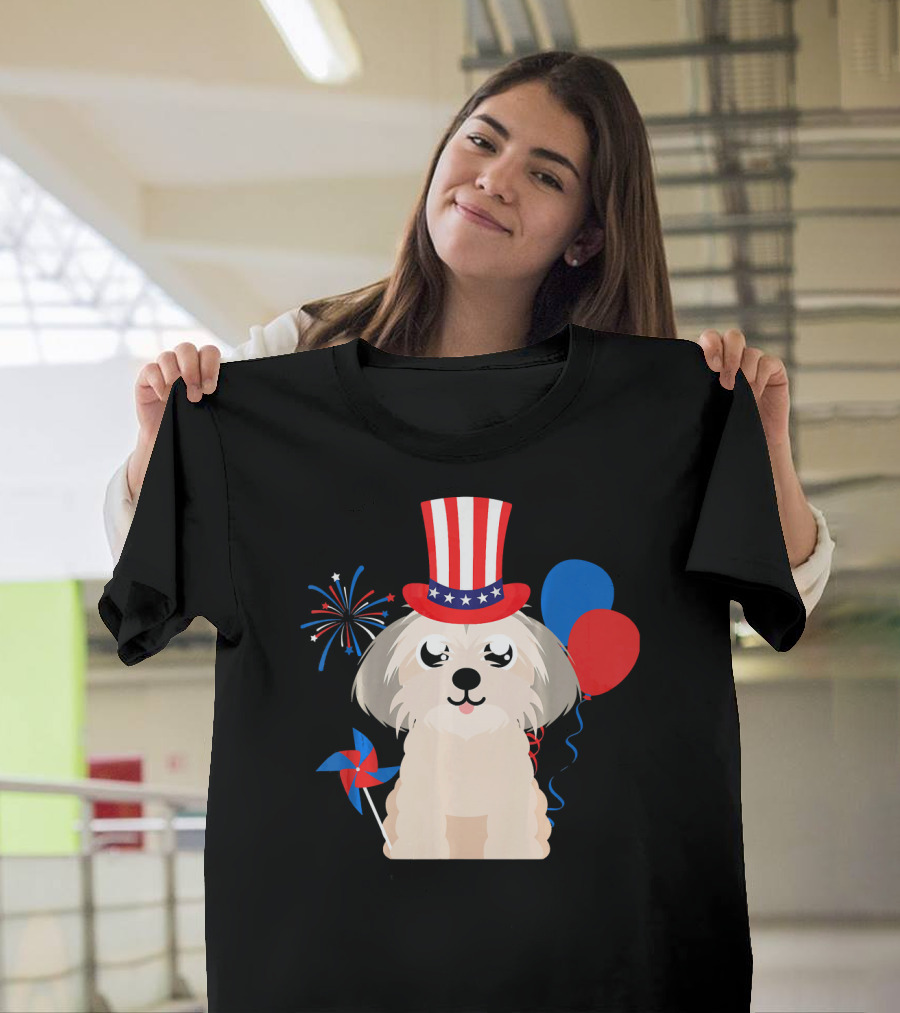 Shih Tzu Dog with Uncle Sam Hat Fireworks and Balloons for 4th of July T-Shirt