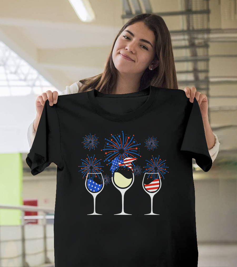 Patriotic Red White Blue Wine Glasses With Fireworks T-Shirt