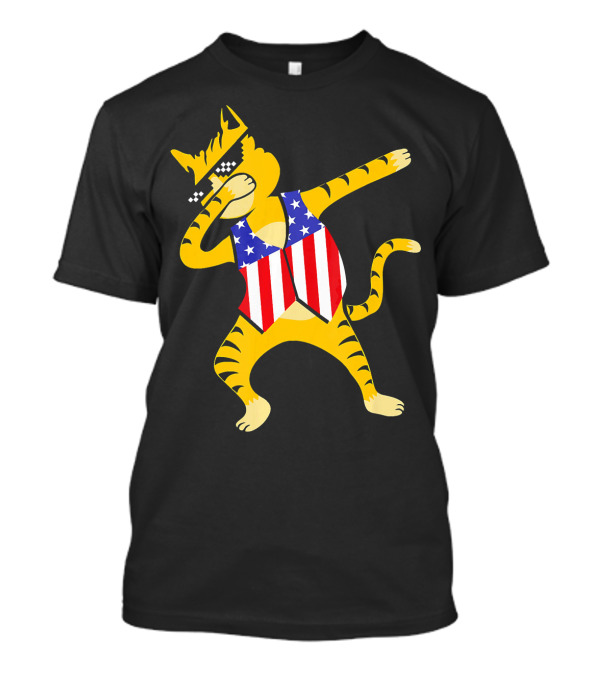 Dabbing Cat In American Flag Vest For 4th Of July T-Shirt