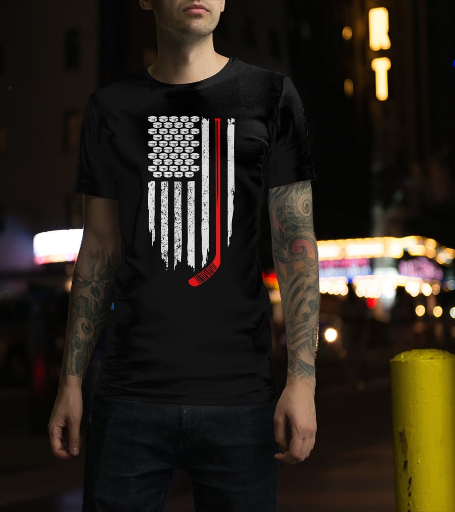 Patriotic Hockey Flag Design With Red Hockey Stick And Puck Stars T-Shirt