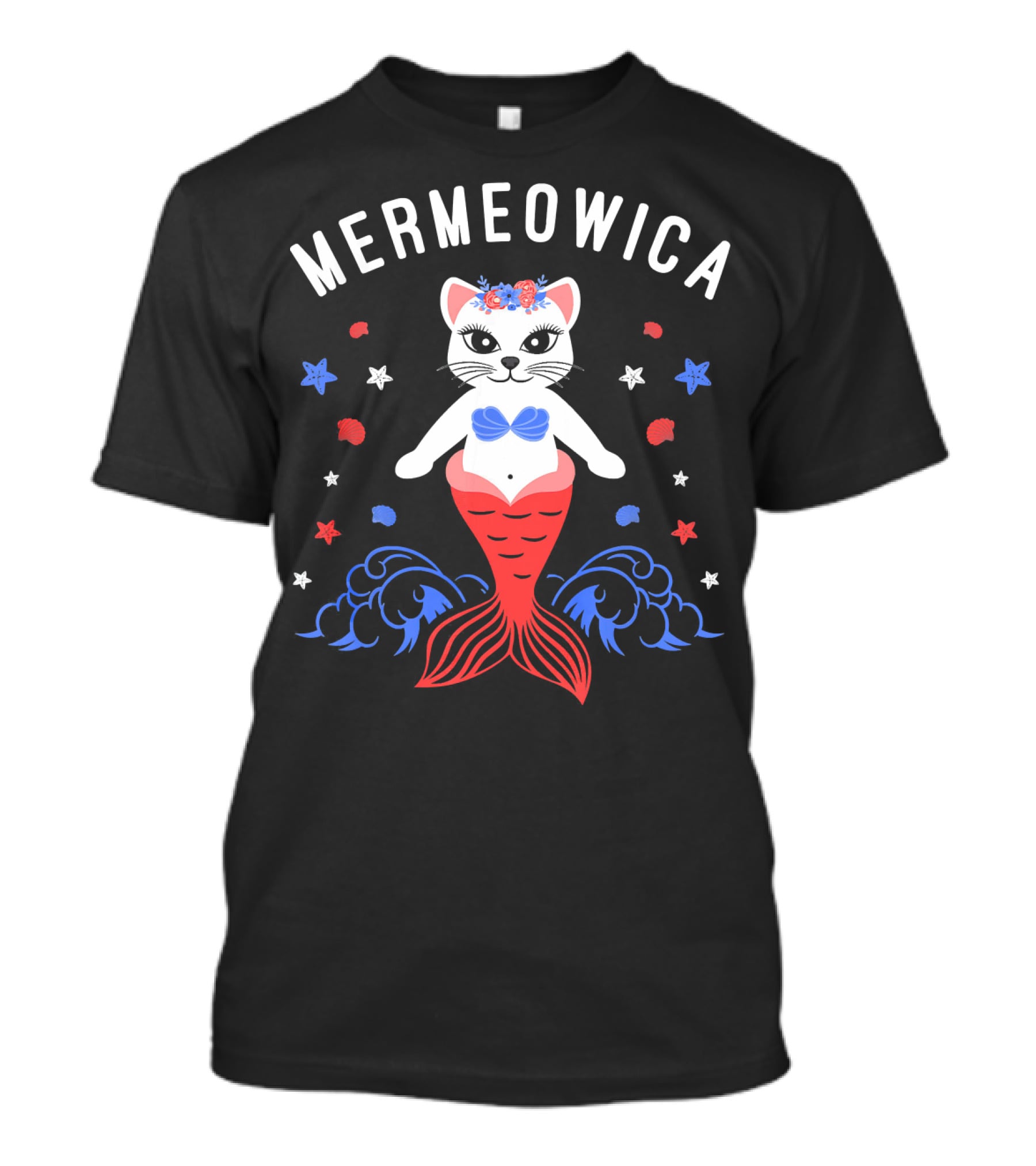 Mermeowica Patriotic Cat Mermaid With Flowers And Stars T-Shirt