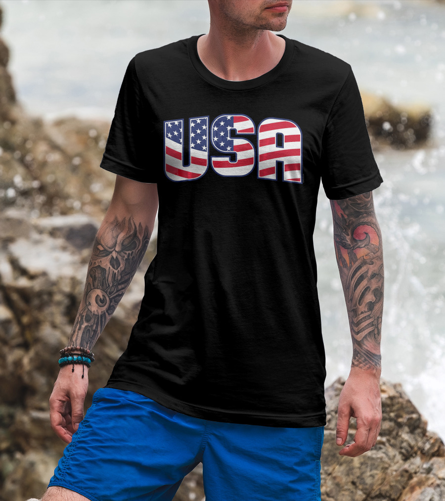 USA Flag Stars And Stripes Lettering T-Shirt