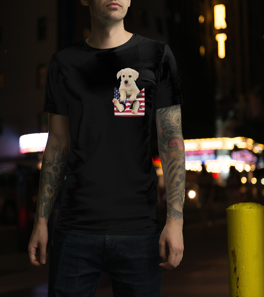 Labrador Puppy Sitting In American Flag Pocket T-Shirt
