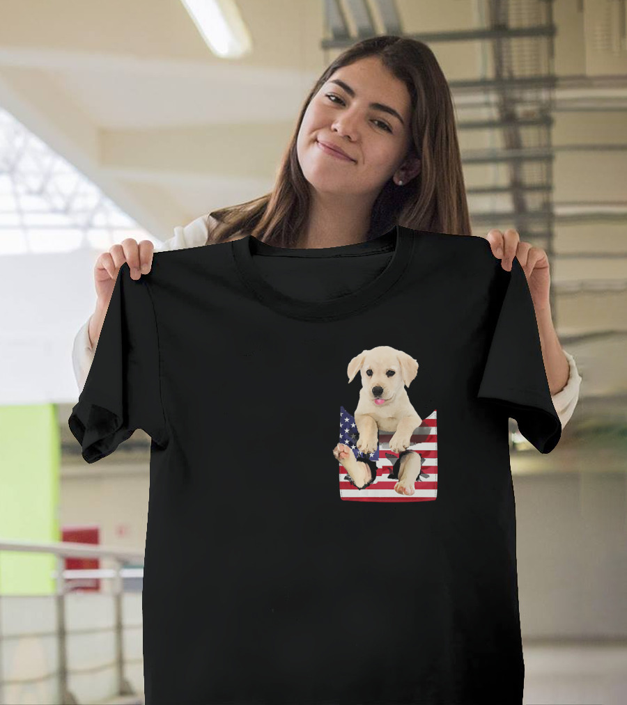 Labrador Puppy Sitting in American Flag Pocket T-Shirt