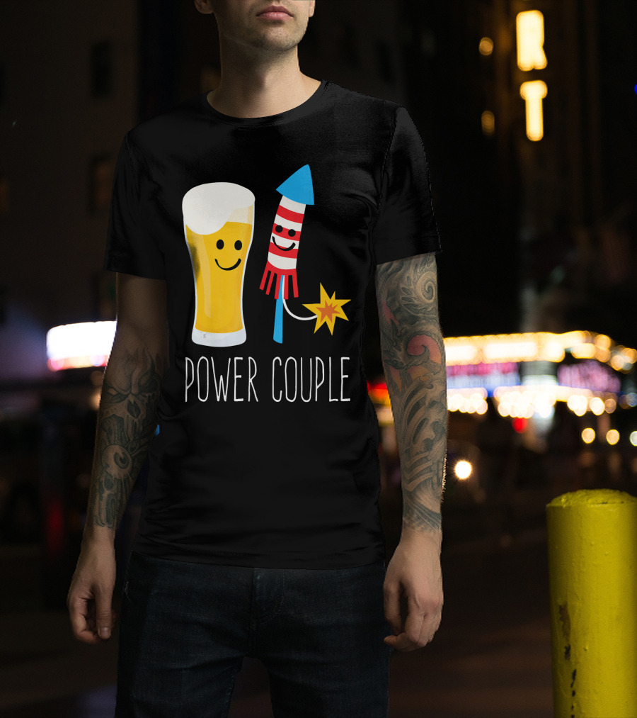 Beer And Fireworks Power Couple Smiling Glass And Rocket T-Shirt