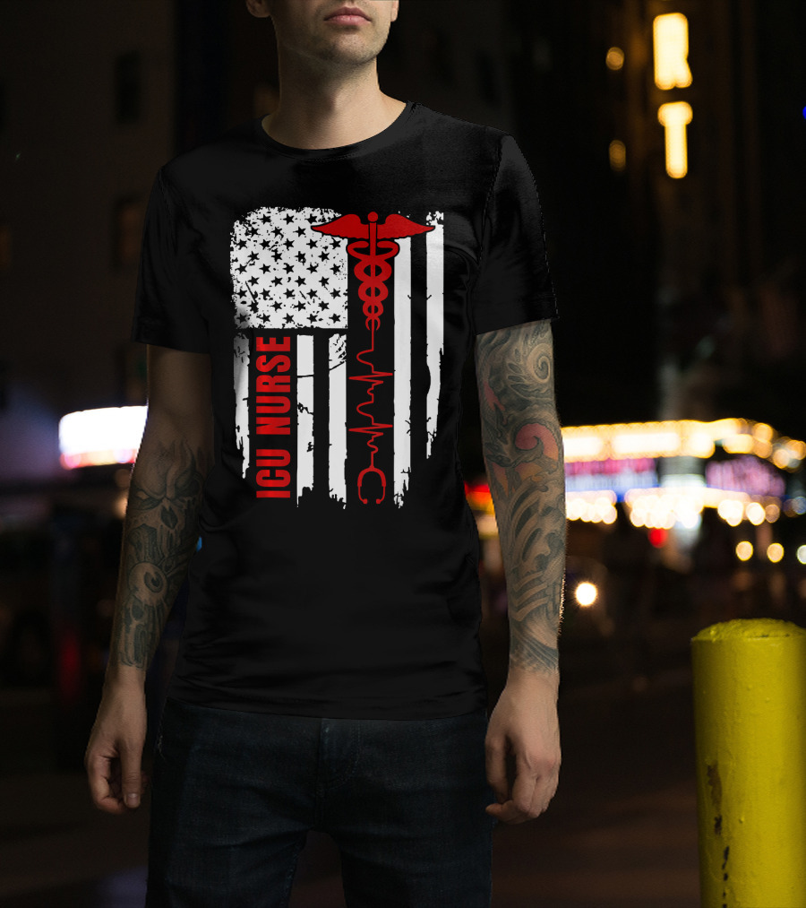 ICU Nurse American Flag Caduceus Heartbeat T-Shirt