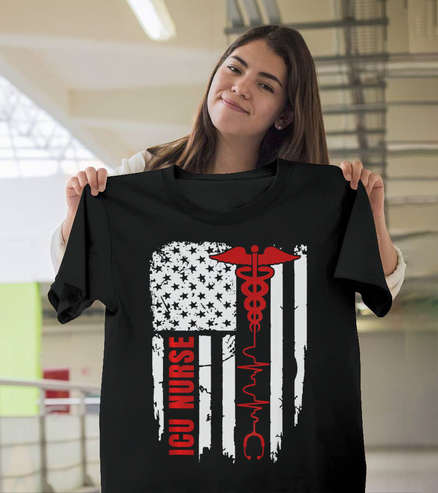 ICU Nurse American Flag Caduceus Heartbeat T-Shirt