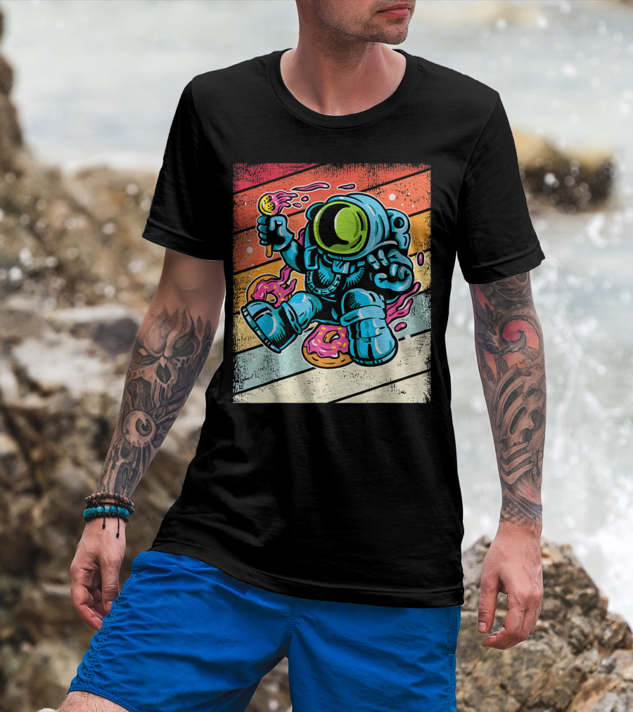 Astronaut Enjoying Ice Cream And Donuts In Retro Space Suit On Colorful T-Shirt