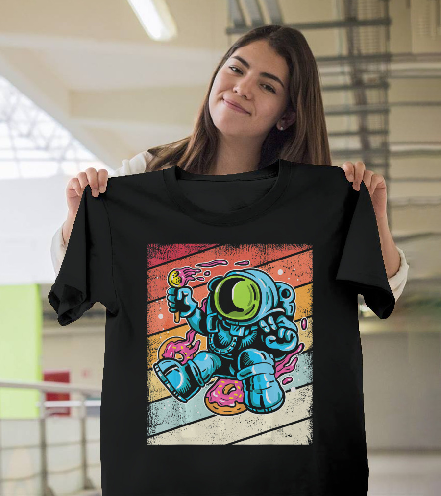 Astronaut Enjoying Ice Cream and Donuts in Retro Space Suit on Colorful T-Shirt