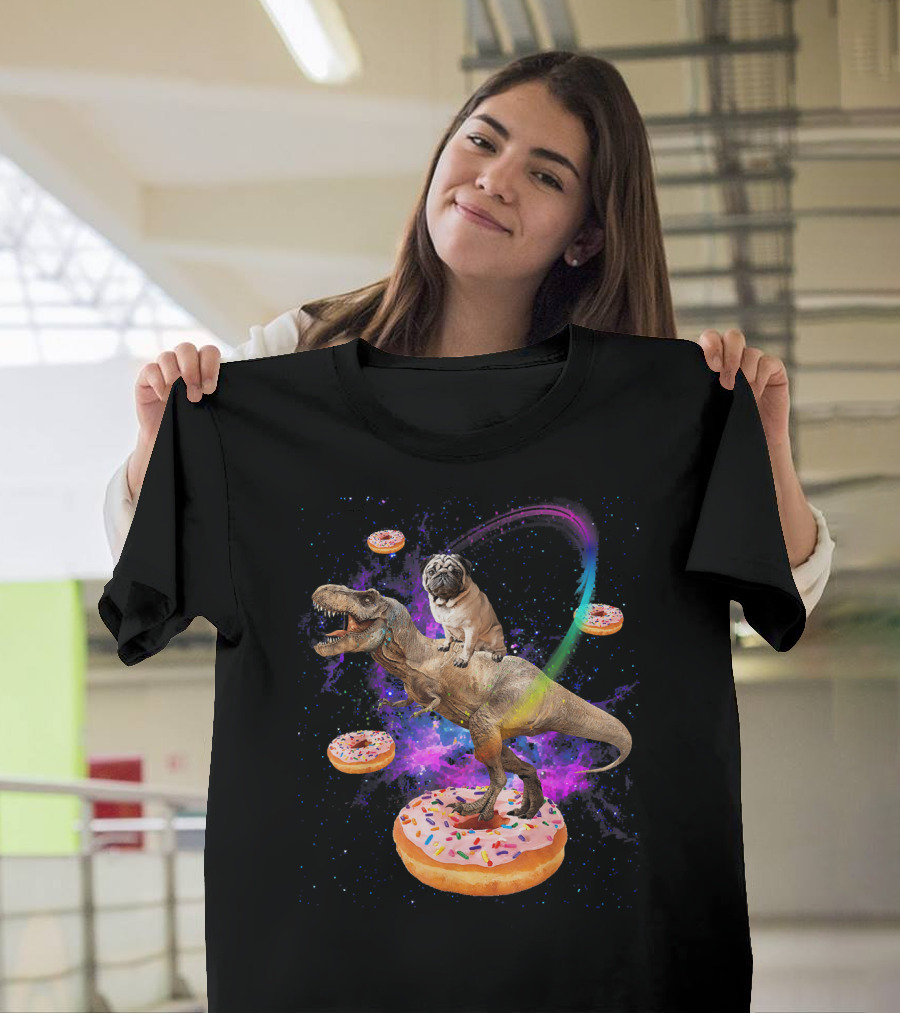 Space Pug Riding Dinosaur T-Rex with Donuts and Galactic Background T-Shirt