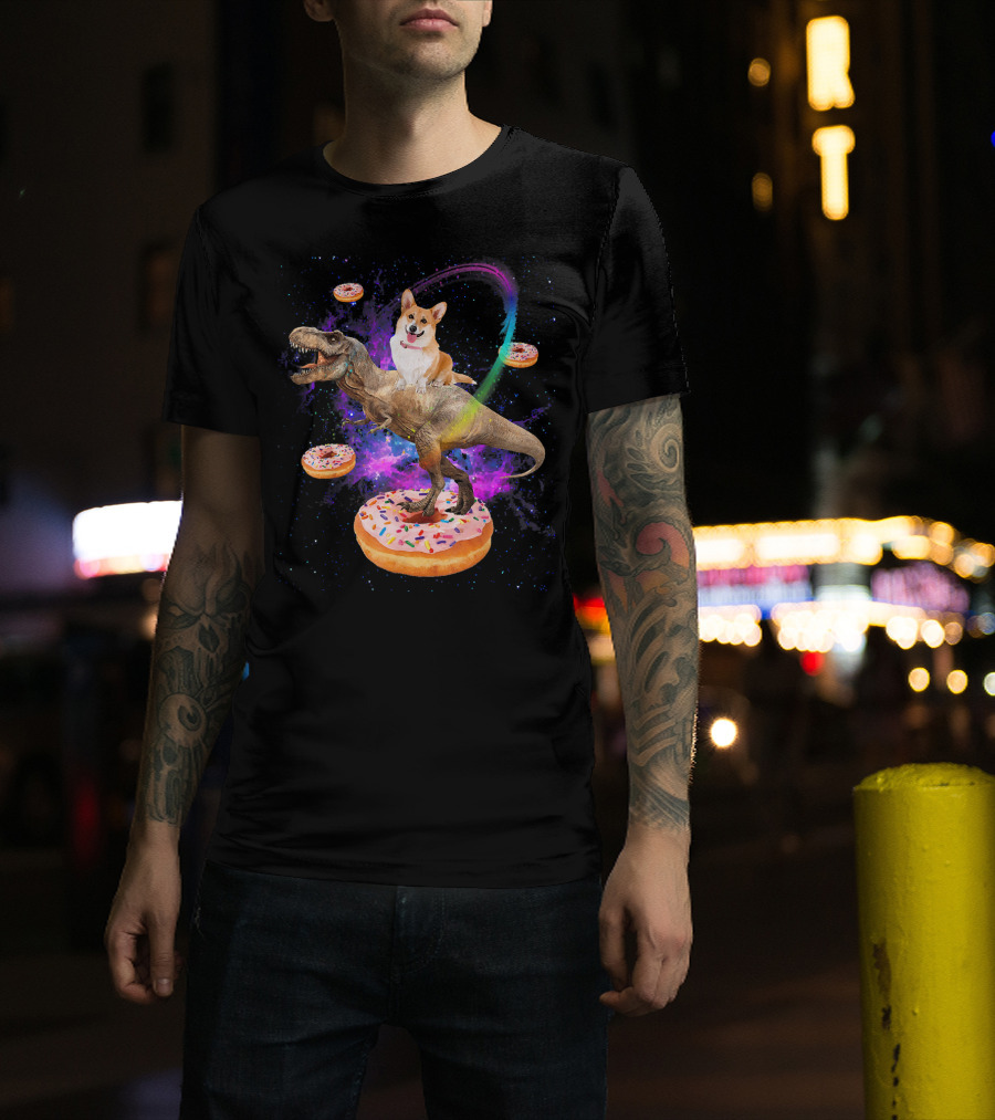 Space Corgi Riding Dinosaur Rex With Floating Donuts In Galaxy T-Shirt