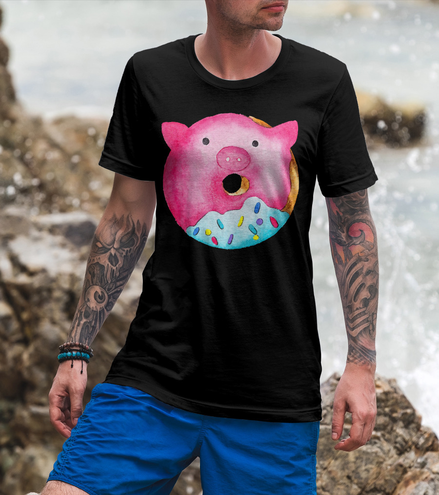 Donut Pig Watercolor Pink Frosting Sprinkles T-Shirt