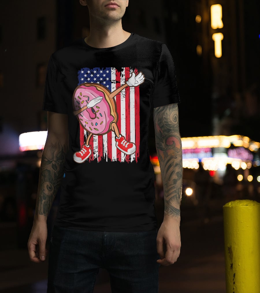 Dabbing American USA Strawberry Frosted Donut On Flag Background T-Shirt