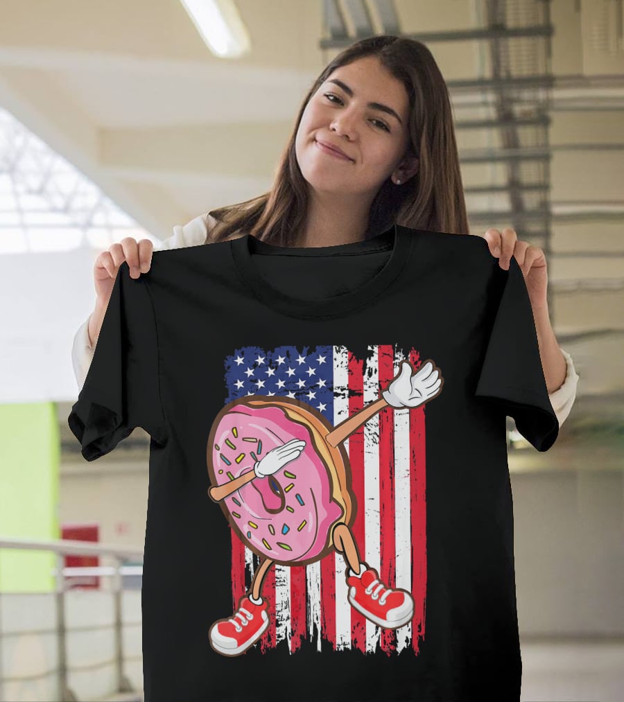 Dabbing American USA Strawberry Frosted Donut On Flag Background T-Shirt