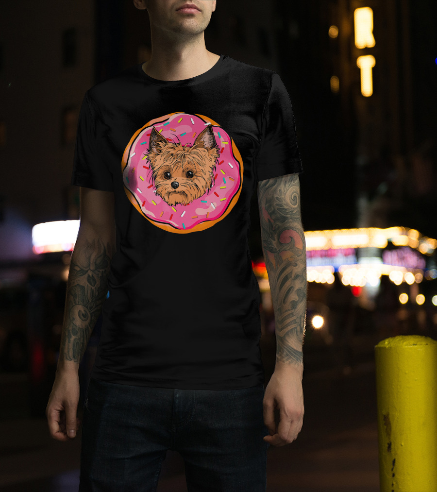 Funny Donut Dog Face Yorkie Yorkie Donut Sprinkles T-Shirt