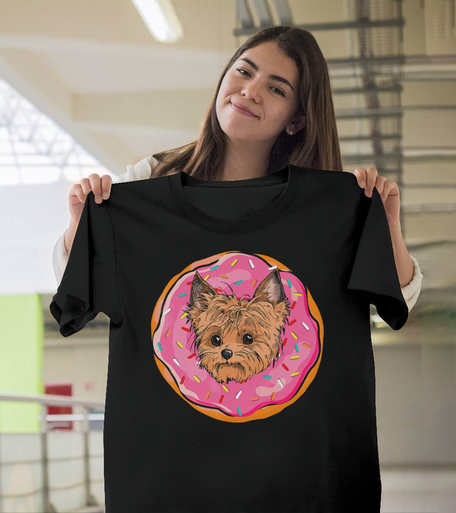 Funny Donut Dog Face Yorkie Yorkie Donut Sprinkles T-Shirt