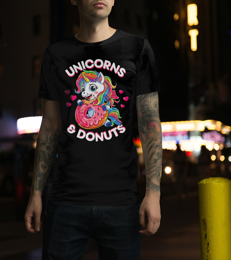 UNICORNS And DONUTS Rainbow Unicorn Eating Donut Surrounded By Hearts T-Shirt