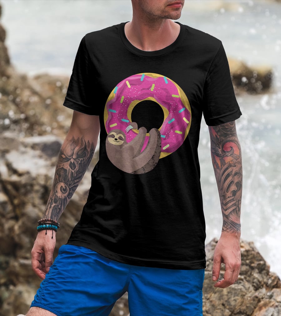 Sloth Hugging Pink Sprinkled Donut T-Shirt