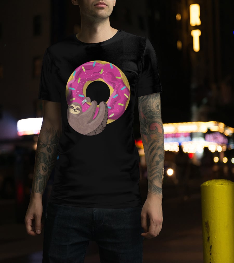 Sloth Hugging Pink Sprinkled Donut T-Shirt