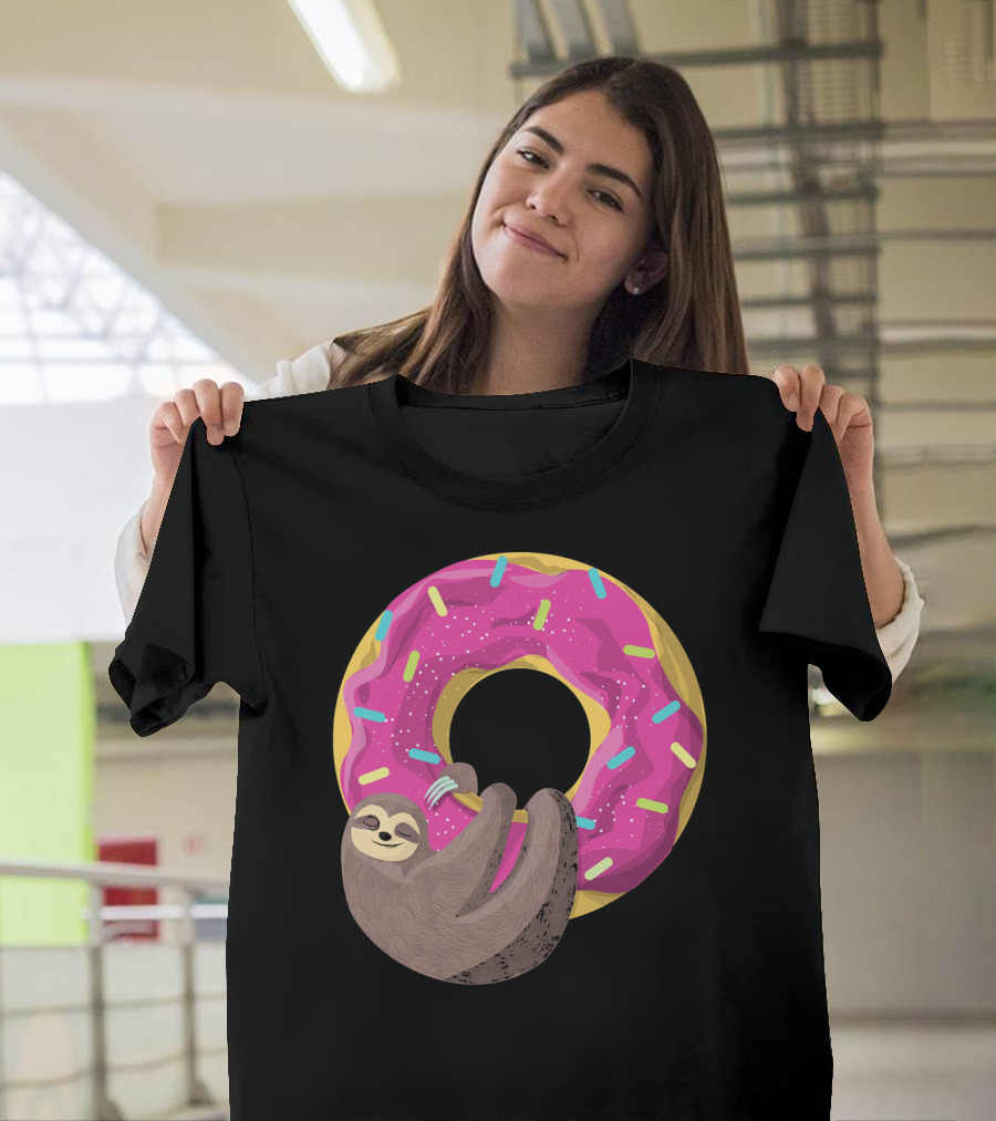 Sloth Hugging Pink Sprinkled Donut T-Shirt