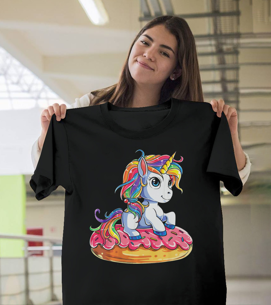 Rainbow Unicorn Sitting on Donut Girls Kids T-Shirt