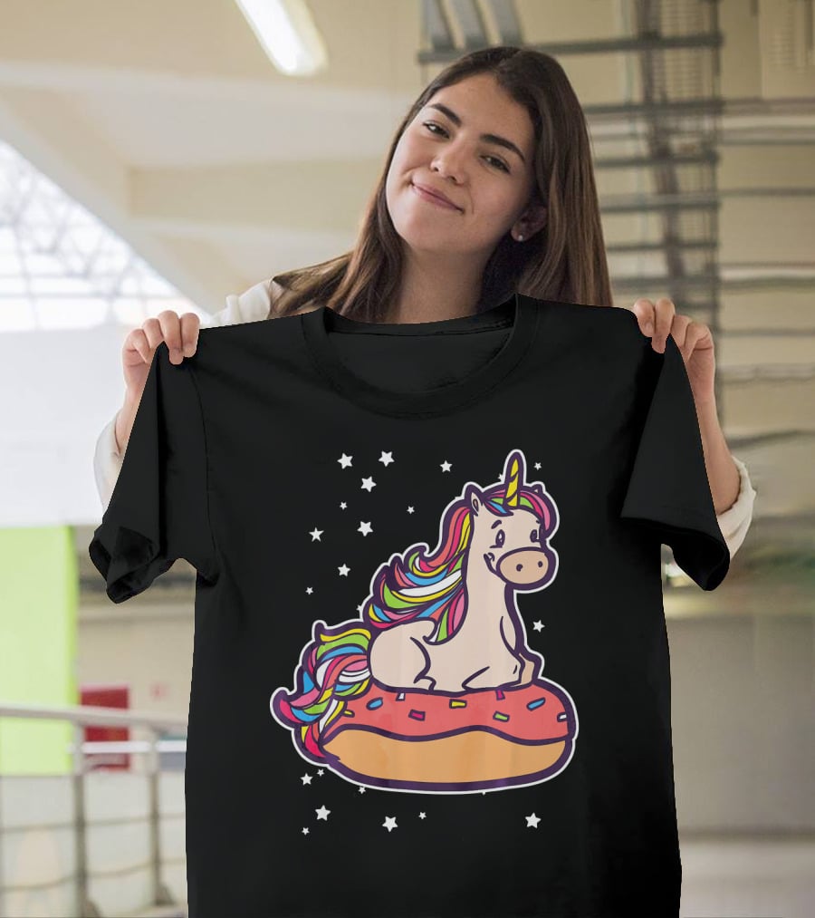 Rainbown Pastel Colors Unicorn Donut Fun With Stars T-Shirt
