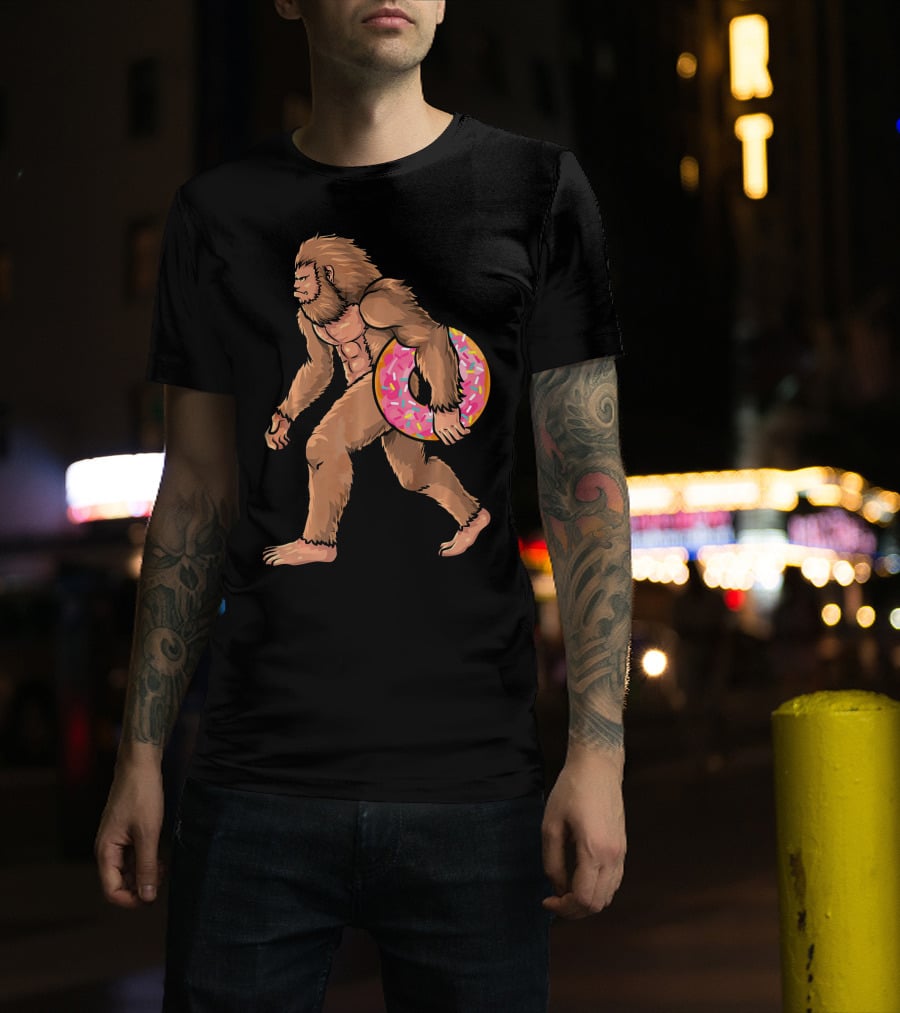 Bigfoot With Sprinkled Doughnut Walking Image T-Shirt