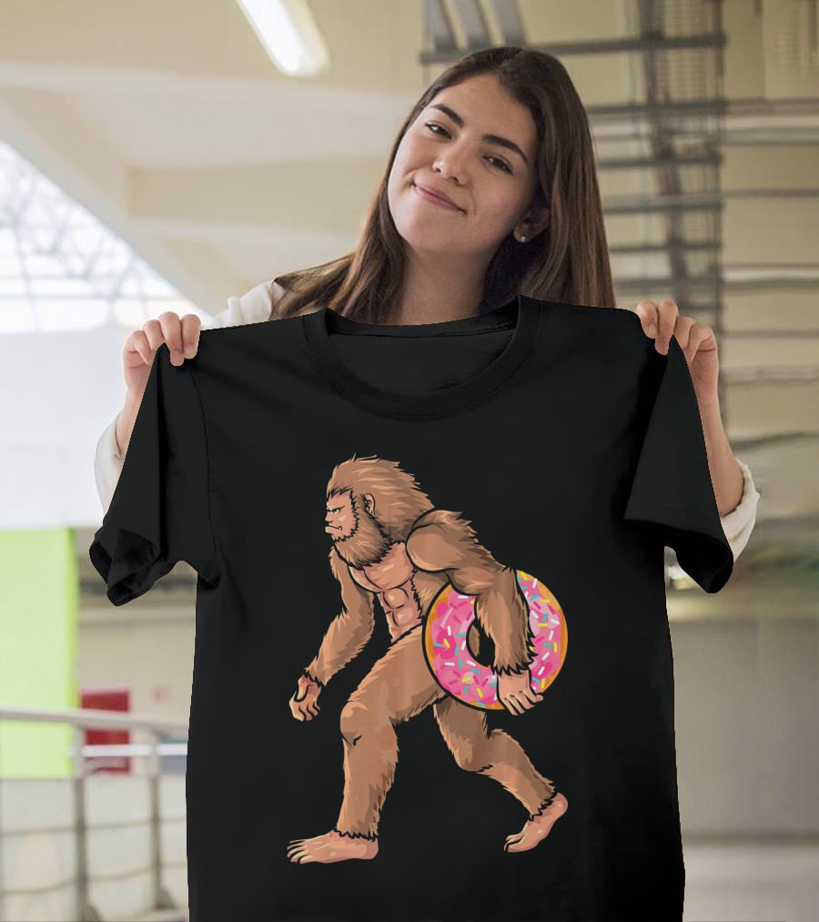 Bigfoot With Sprinkled Doughnut Walking Image T-Shirt