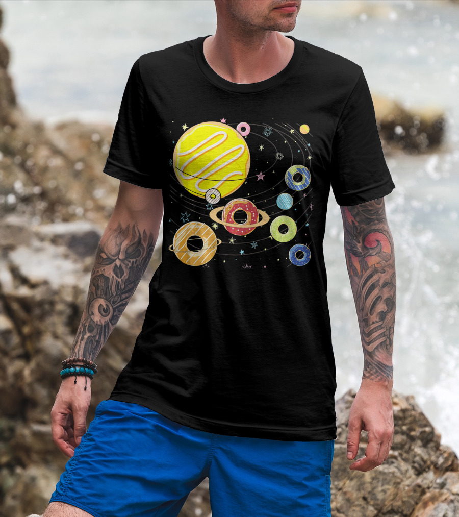 Galaxy Planets As Glazed Donuts Doughnuts With Stars T-Shirt