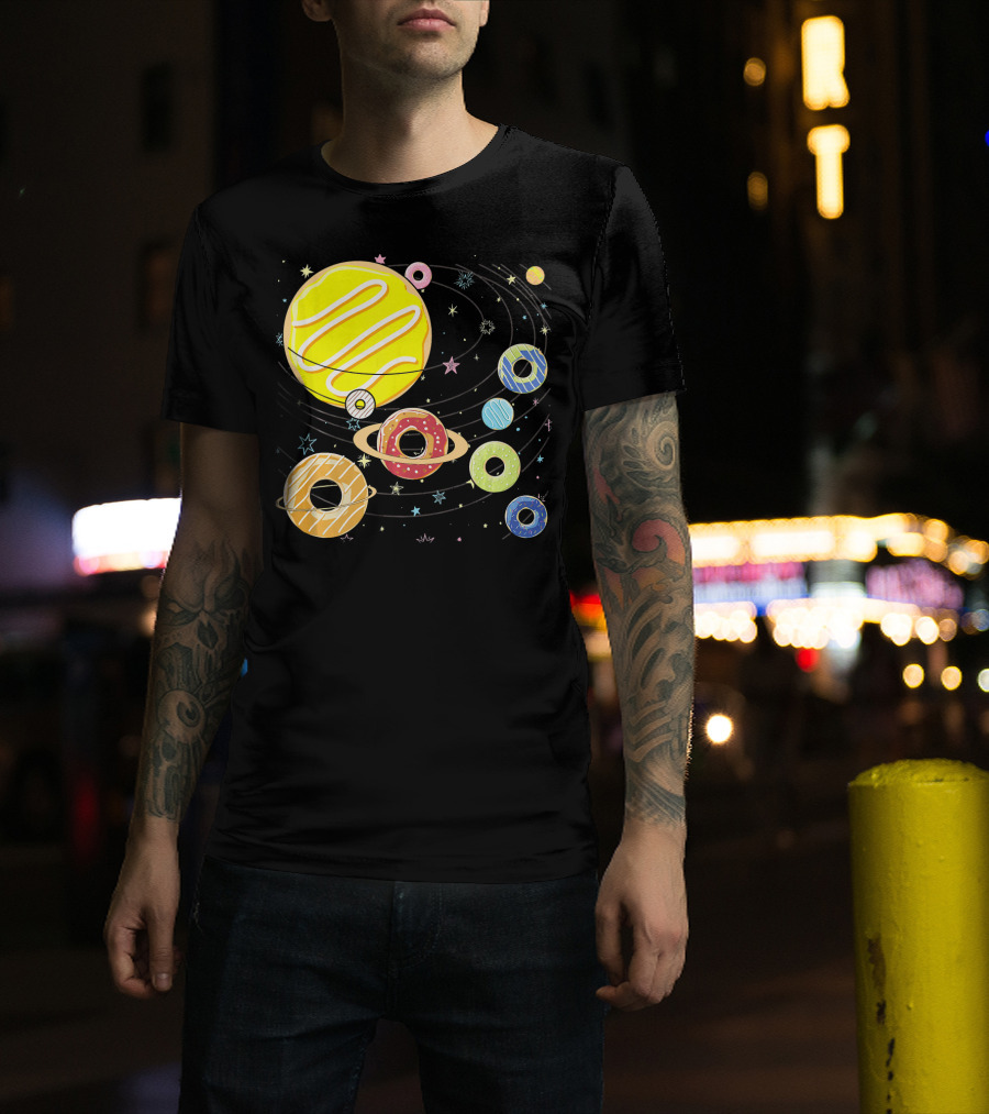 Galaxy Planets As Glazed Donuts Doughnuts With Stars T-Shirt