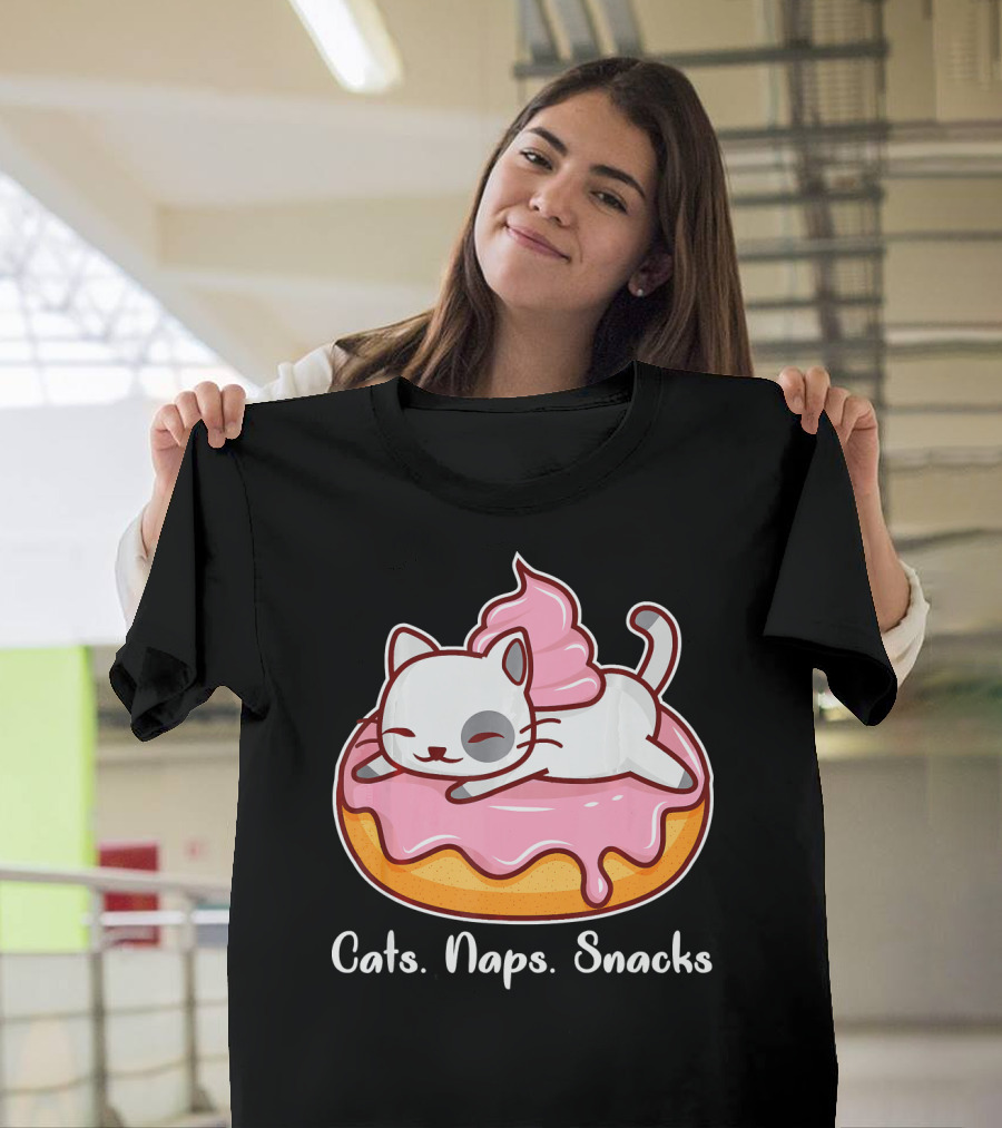 Cats Naps Snacks With Cute Kitty On Pink Icing Donut T-Shirt
