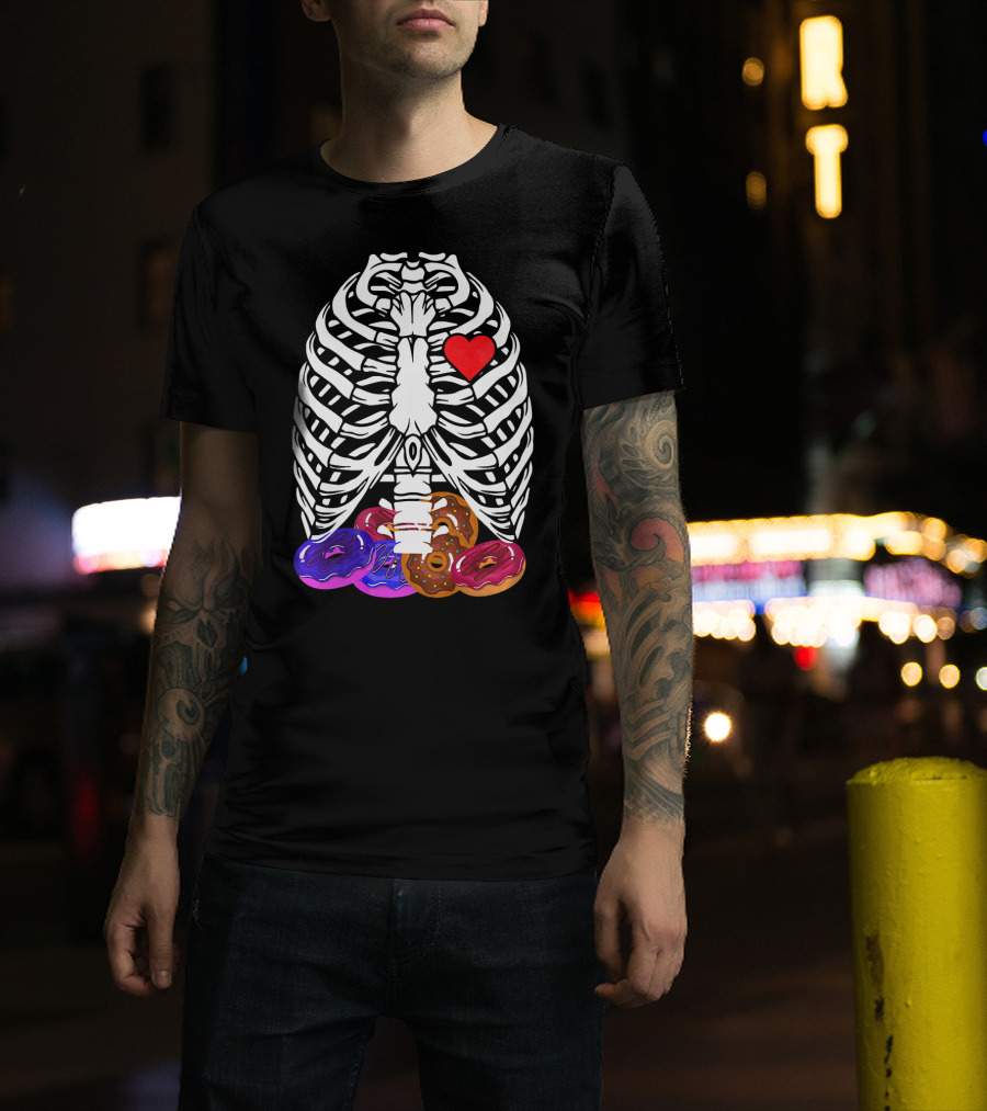 Funny Halloween Rib Cage Skeleton With Heart And Colorful Donuts T-Shirt