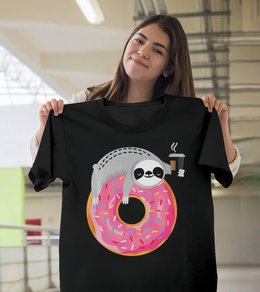 Sloth Relaxing on Sprinkled Donut Holding Steaming Coffee Cup T-Shirt