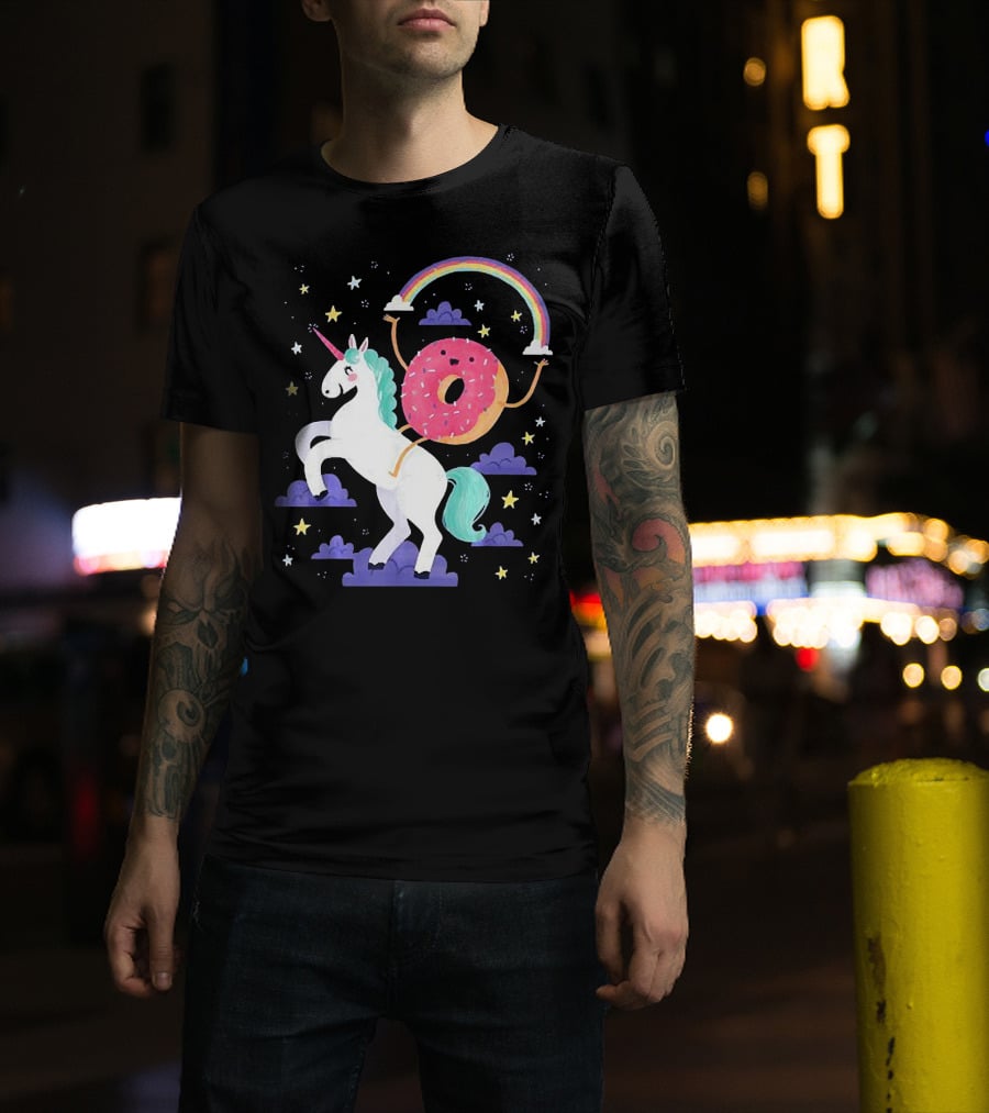 Donut Riding Unicorn With Rainbow And Stars T-Shirt