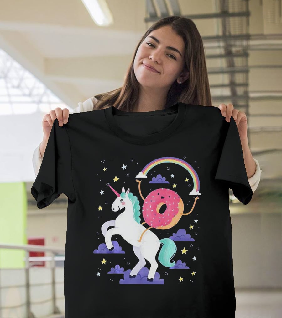 Donut Riding Unicorn With Rainbow And Stars T-Shirt