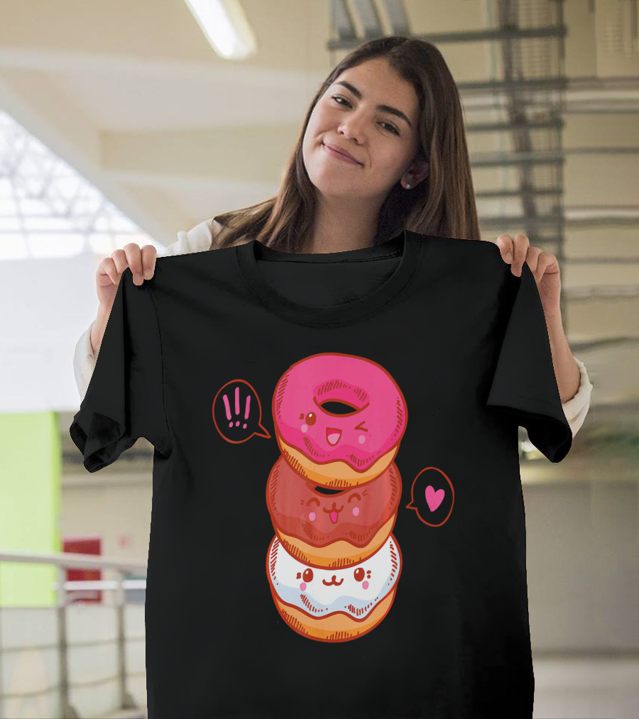 Kawaii Donuts Stack With Cute Faces And Heart T-Shirt