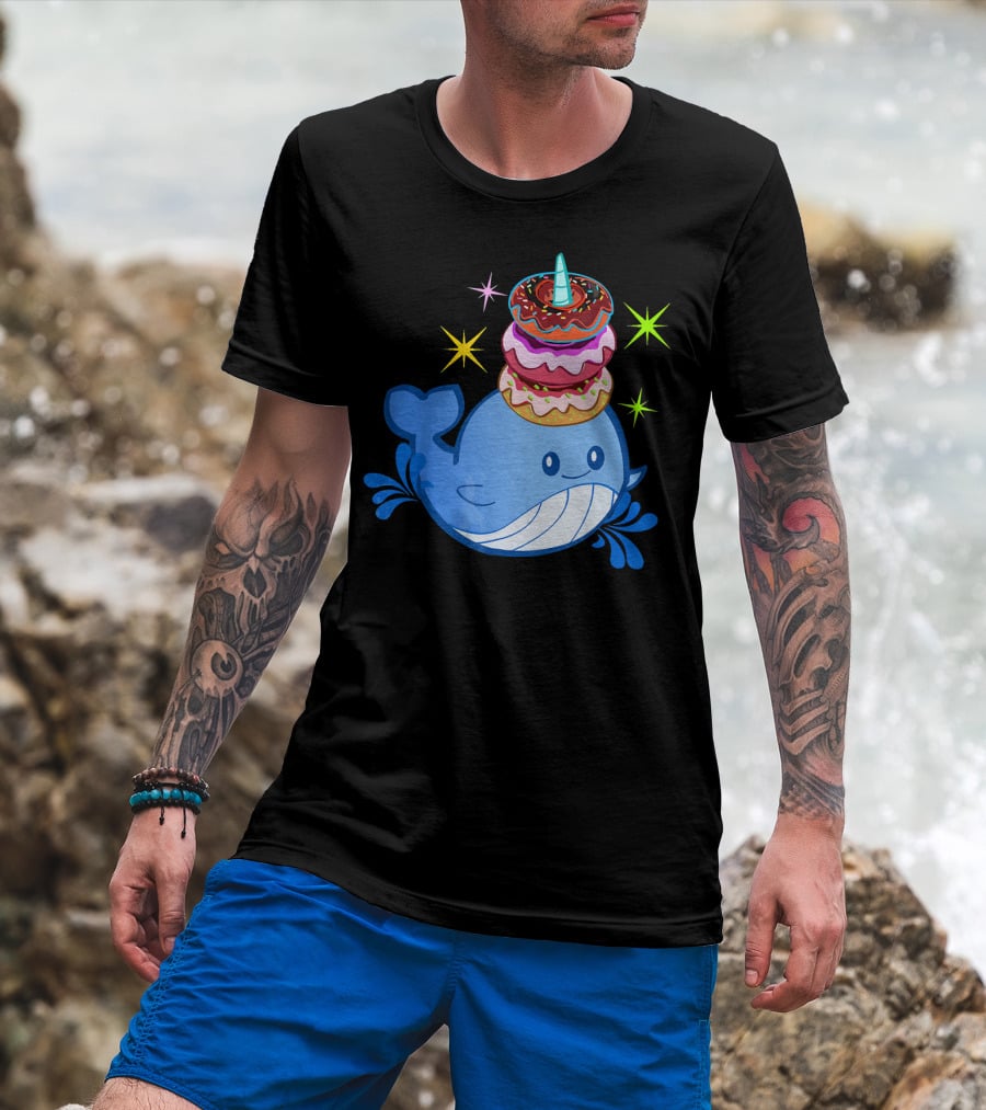 Cute Narwhal Balancing Colorful Donuts T-Shirt