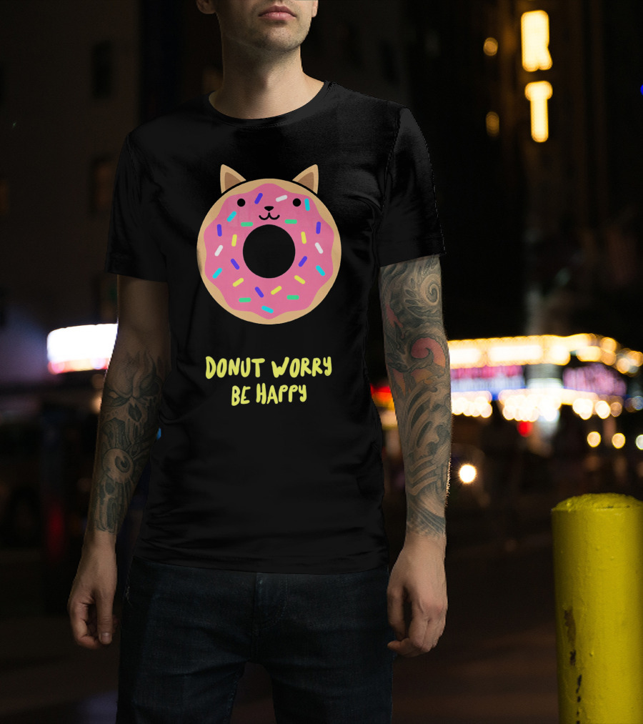 Kawaii Japanese Anime Pink Sprinkle Cat Donut Worry Be Happy T-Shirt