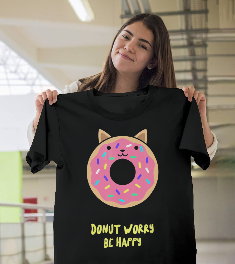 Kawaii Japanese Anime Pink Sprinkle Cat Donut Worry Be Happy T-Shirt