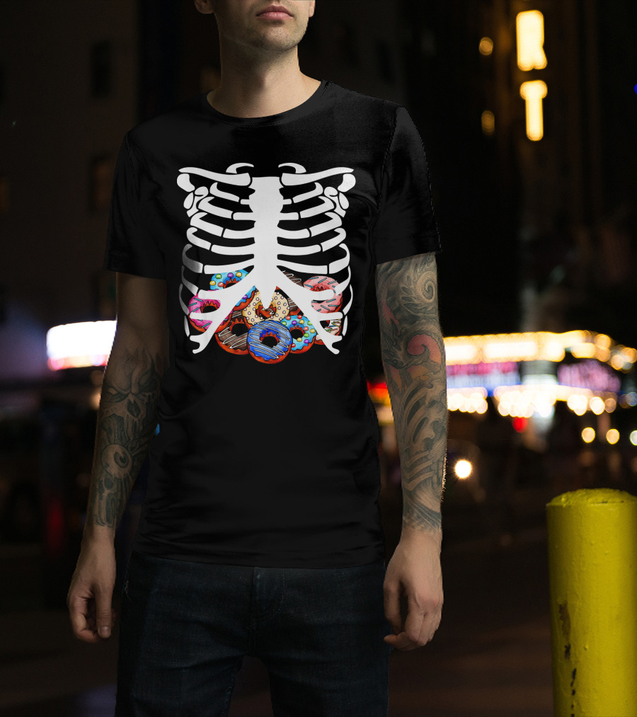 Halloween Skeleton Ribcage With Colorful Donut Food T-Shirt