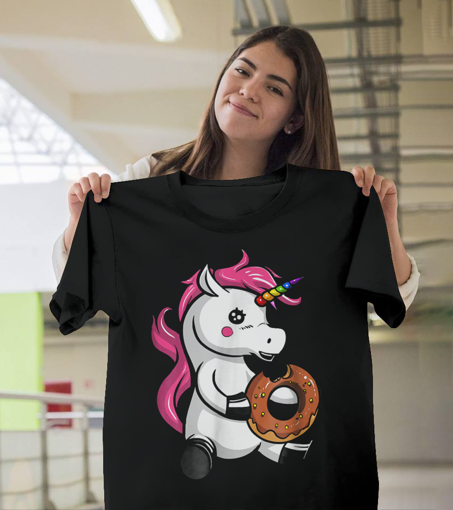 Magical Unicorn With Rainbow Horn Enjoying Chocolate Donut T-Shirt