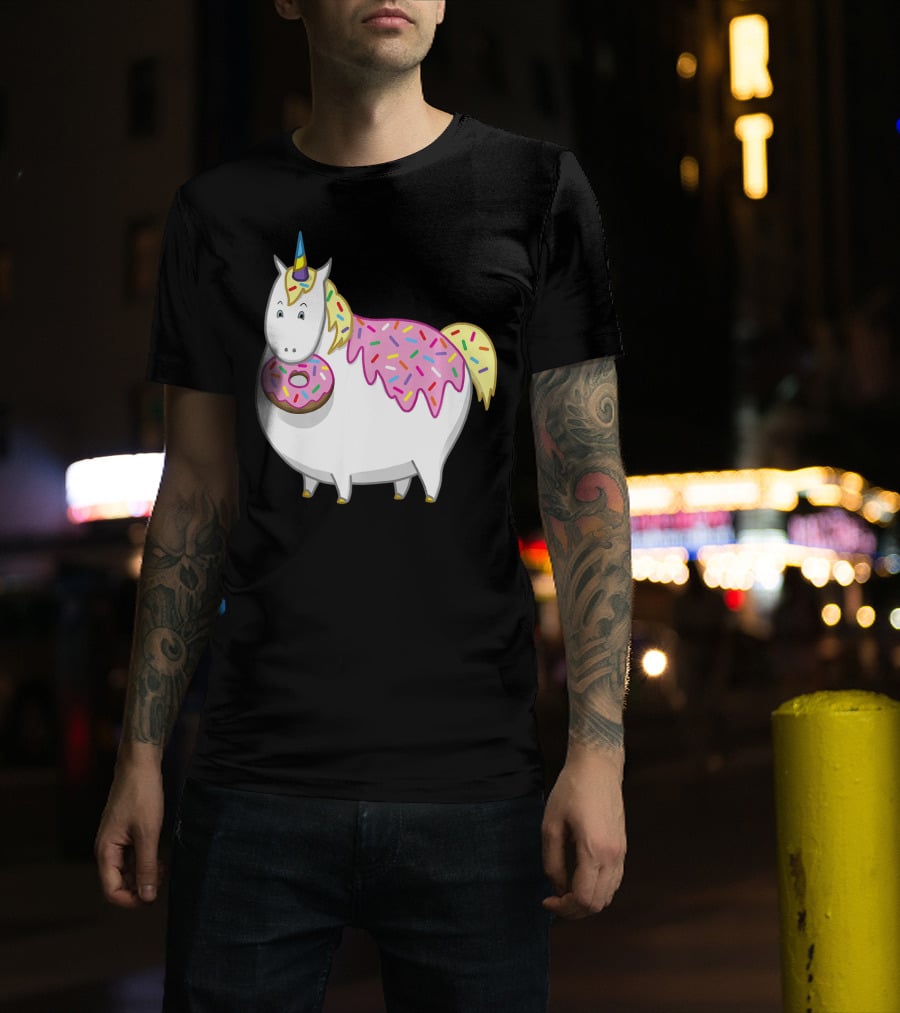 Funny Cute Fat Unicorn With Pink Frosting Doughnut T-Shirt