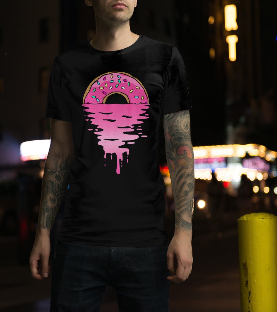 Pink Glazed Donut Melting Into Sunset Horizon T-Shirt