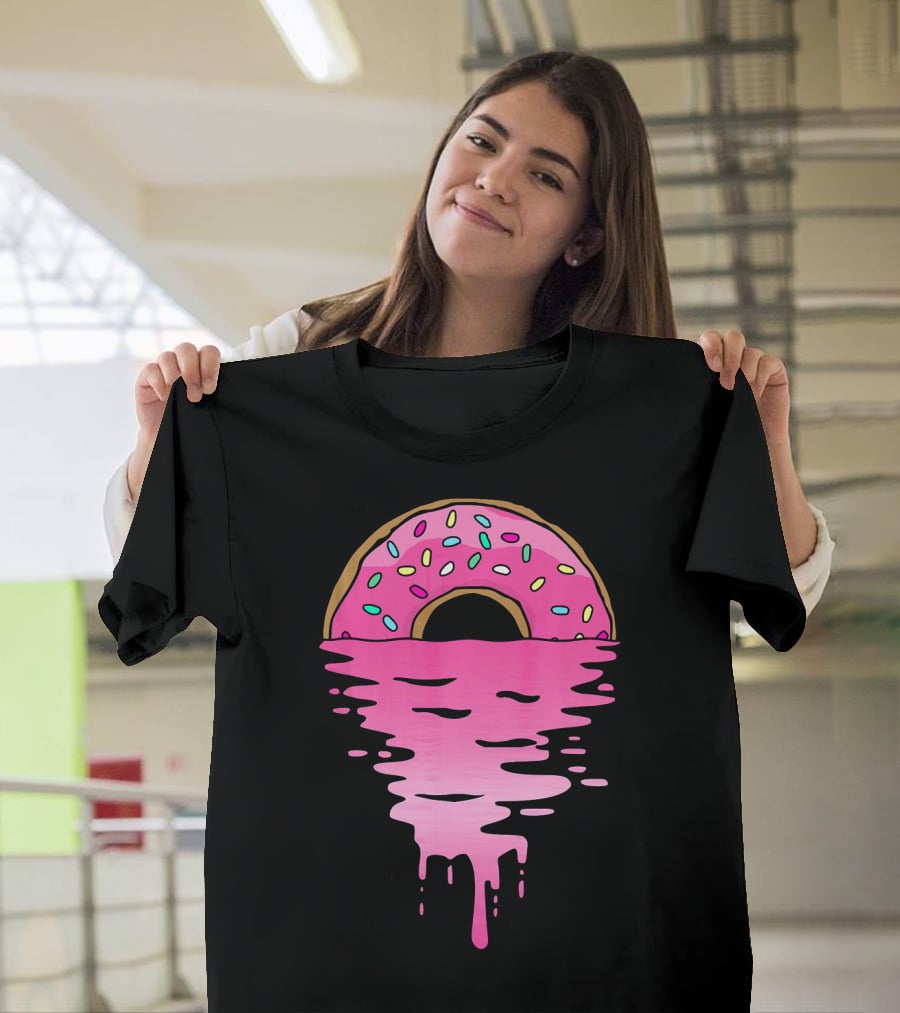 Pink Glazed Donut Melting Into Sunset Horizon T-Shirt