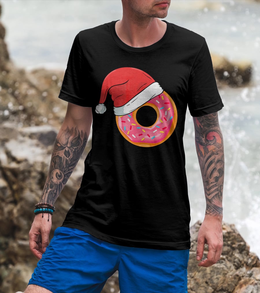 Santa Hat On Sprinkled Donut Holiday Humor T-Shirt