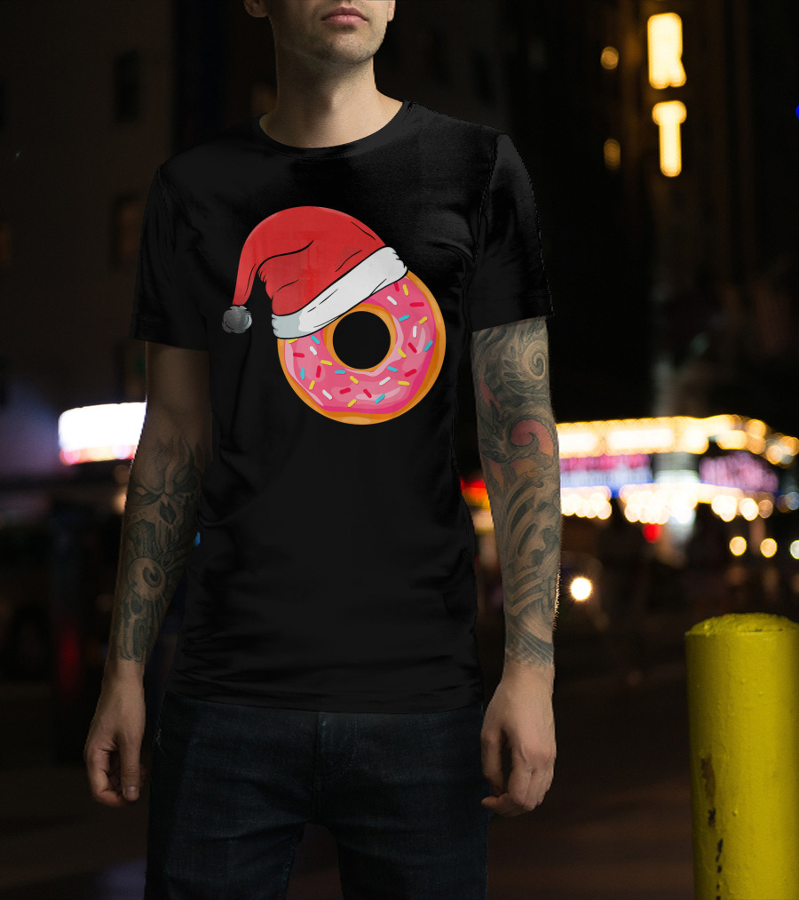 Santa Hat On Sprinkled Donut Holiday Humor T-Shirt